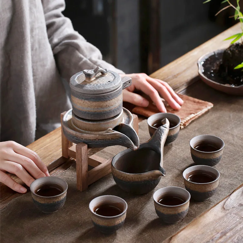 Gilded Stone Automatic Tea Lazy Tea Semi-Automatic Anti-Scalding Ceramic Porcelain Tea Set Japanese Tea Set  Kung Fu Tea Set