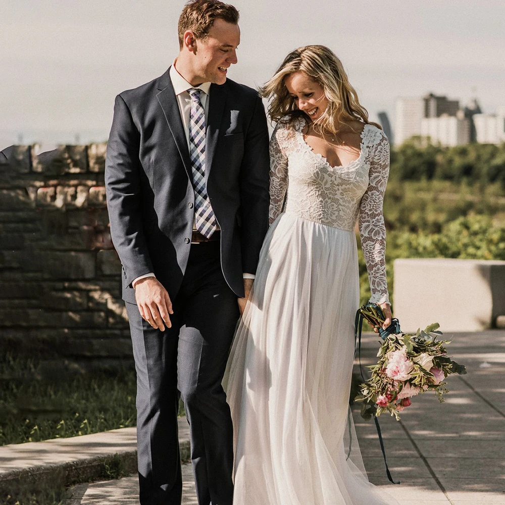 Robe de soirée de mariage en Tulle, tenue de plage, style Boho, manches longues en dentelle, dos ouvert, coupe trapèze, col en v, élégante, grande taille, 2021