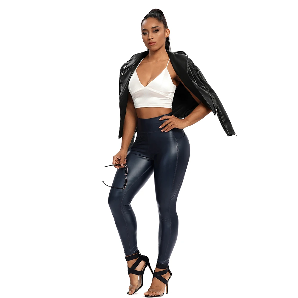 Slim Black Leather Leggings Women Skinny Push Up High Waist Legging Pockets PU Pants Thin Velvet Trousers Stretch Sexy Leggins