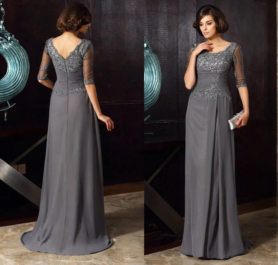 Vestidos modernos y elegantes de encaje para madre de la novia, cuello de joya con cuentas y Media manga, Vestidos de invitados de novio, color gris