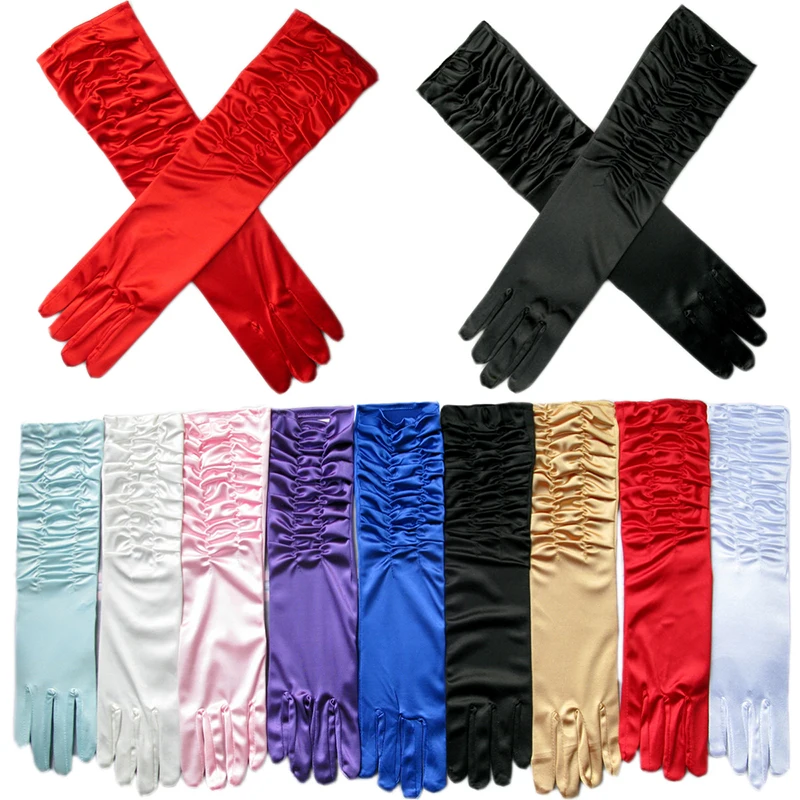 Women\'s Party Formal Gloves Solid Color satin Long Full Finger Mittens For Event Activities Long Gloves Red White Rose Color