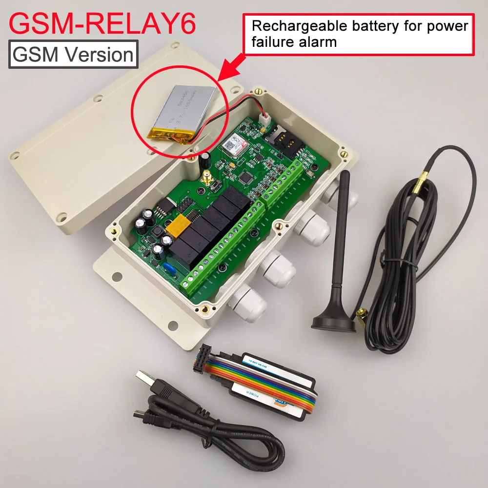 GSM-RELAY6 Six relay output and Six alarm input GSM remote control board Rechargeable battery included for power failure alert