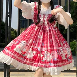 Japoński Kawaii Lolita Cosplay miękka siostra sukienka śliczny królik truskawka bez rękawów JSK sukienka Ruffles łuk księżniczka Tutu sukienka