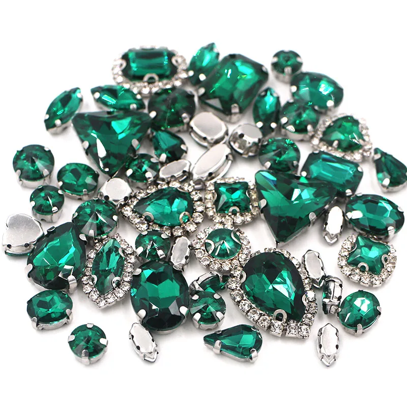 50pcs/Bag Peacock Green Mixed Shape Sew on Glass Rhinestone Silver Claw Crystal Buckle Diy Wedding Decoration Clothes/Shoe/Dress