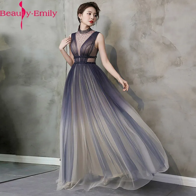 Beauty Emily Fashion Gradient Navy Blue Illusion Eveing Dress 2020 Romantic O Neck A-line Sleeveless Women Formal Party Dress