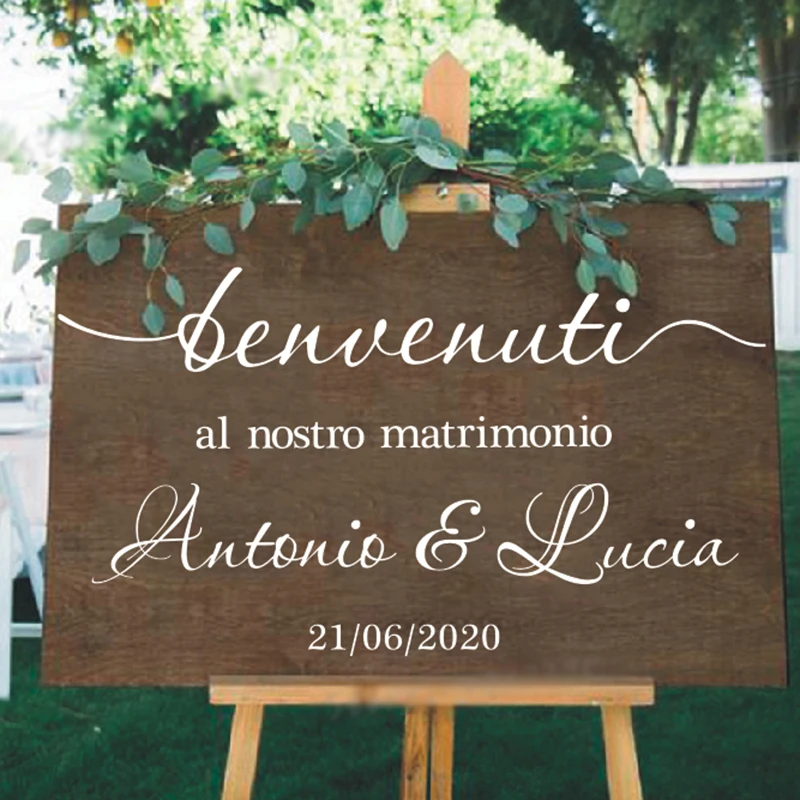 Italian Version Wedding Sign Stickers Custom Bride Groom Names Vinyl Mural Wedding Welcome Mirror Decals Décor Removable O309