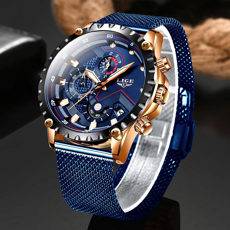 2023 New LIGE Blue Casual Mesh Belt Fashion Quartz Wristwatches Mens Watches Top Brand Luxury Waterproof Clock Relogio Masculino