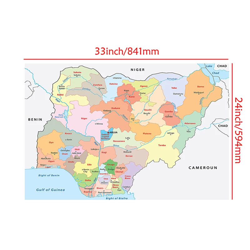 Affiches d'art murales de la carte politique du Nigeria, toile Non tissée imprimée, peinture éducative, décoration de maison, fournitures de salle de classe 84x59cm