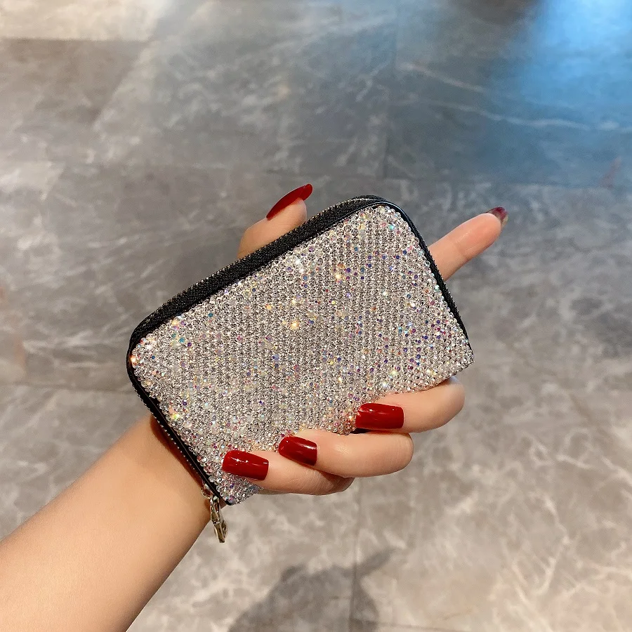 Rhinestone Leather Wallet Women Coin Purse Ladies Black Bag Multi-function Card Case Driver License Holder Office Storage Decor