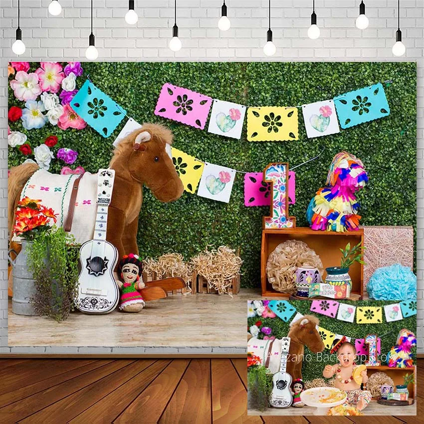 

Avezano 1st Birthday Portrait Cake Smash Backdrop Mexican Flower Wooden Horse Newborn Photography Background Photozone Decor