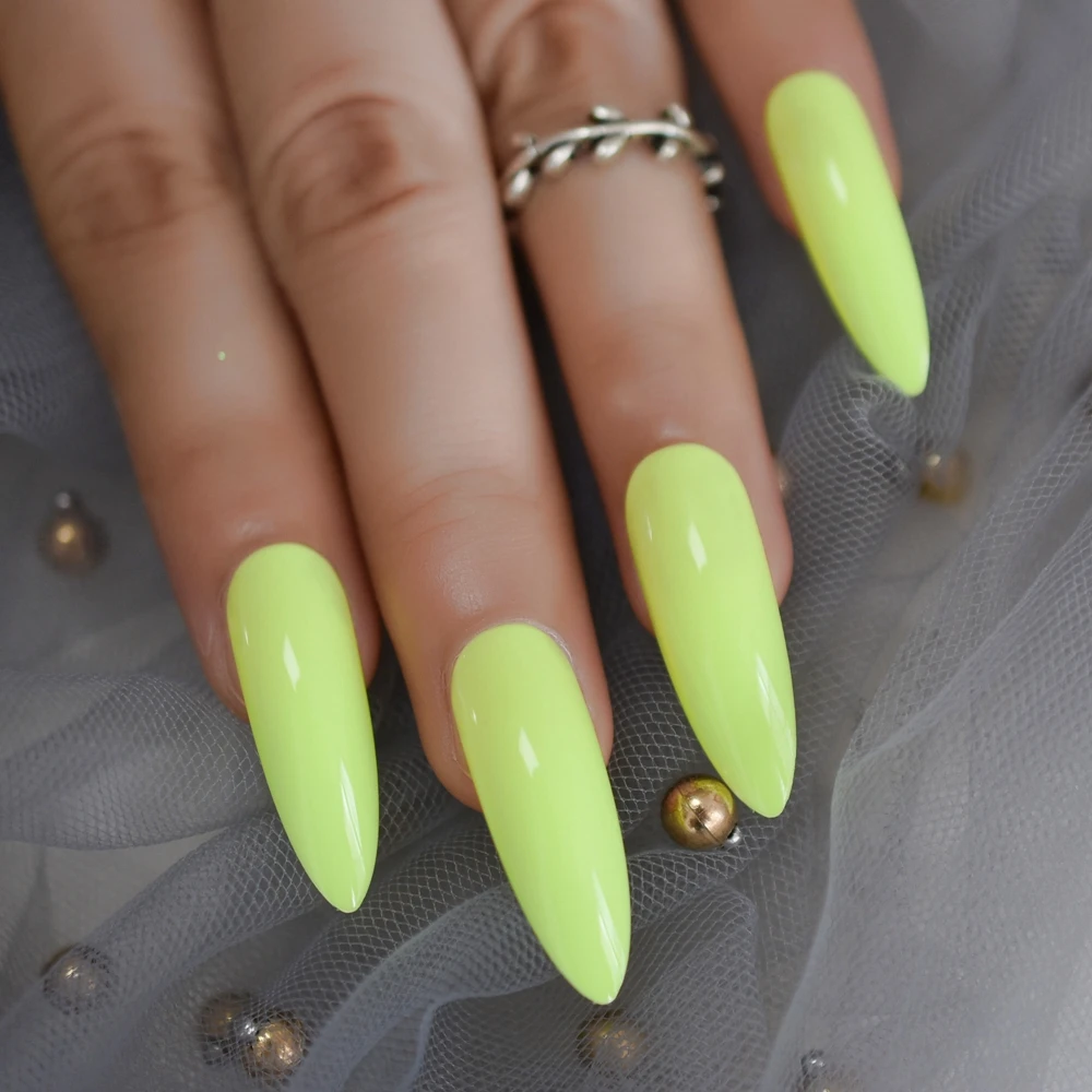 Neon Fluorescent Green Press on False Nails Extra Long Stiletto Pointed Gel Glue On Fake Fingersnails Free Adhesive Tapes