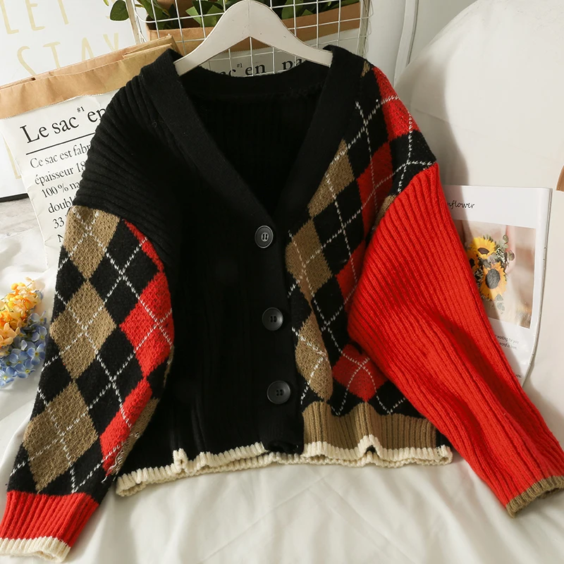 Feminino decote em v malha cardigans camisola vermelha argyle malha 2021 manga longa moda outono oversized jumper sueter mujer