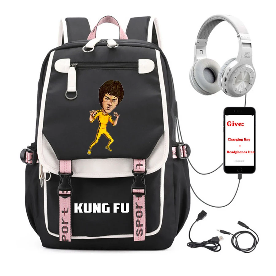 

China Kungfu Star Cartoon backpack student School book Bag Women men Travel Backpack USB Charging teenagers Laptop packsack