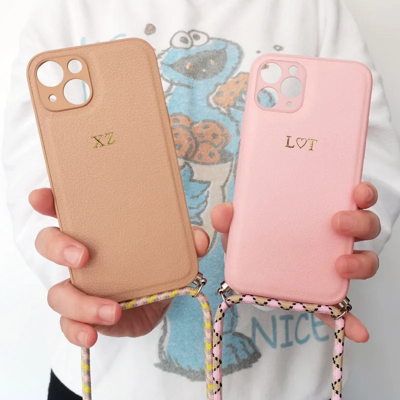 Customize Gold Silver Letters Leather Lanyard Case for iphone 14 13 12 11 Pro Max XS XSMAX 7 8 Plus 12 13 Mini Cover Luxury Case