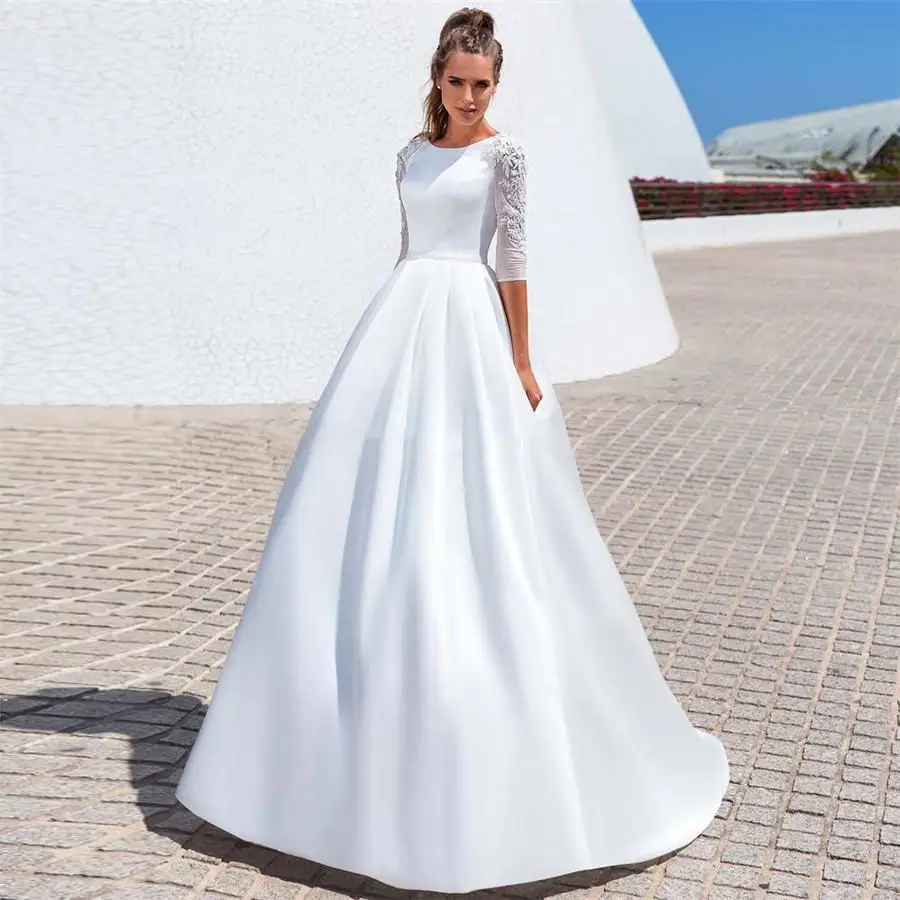 Vestidos de novia elegantes de media manga con apliques de encaje 2025, tren de barrido de satén con cordones en la espalda, vestidos de novia modestos de novia