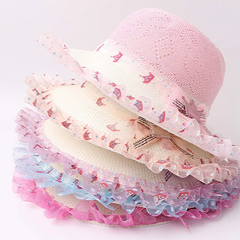 Kid 52cm Sun Hats Summer Children Beach Girls Weave Pompoms 2021 Hat UV Protective Kids Big Brim Holiday Casquette Rolling Hats