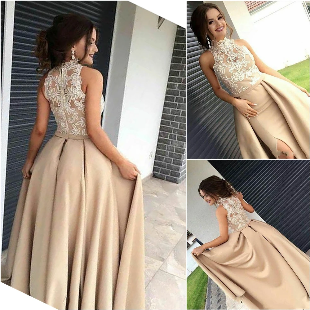 

Lace Applique Formal Dresses Satin Prom Party Gown High Neck Sleeveless Evening Dress Thigh-High Slits Floor-Length NONE Train