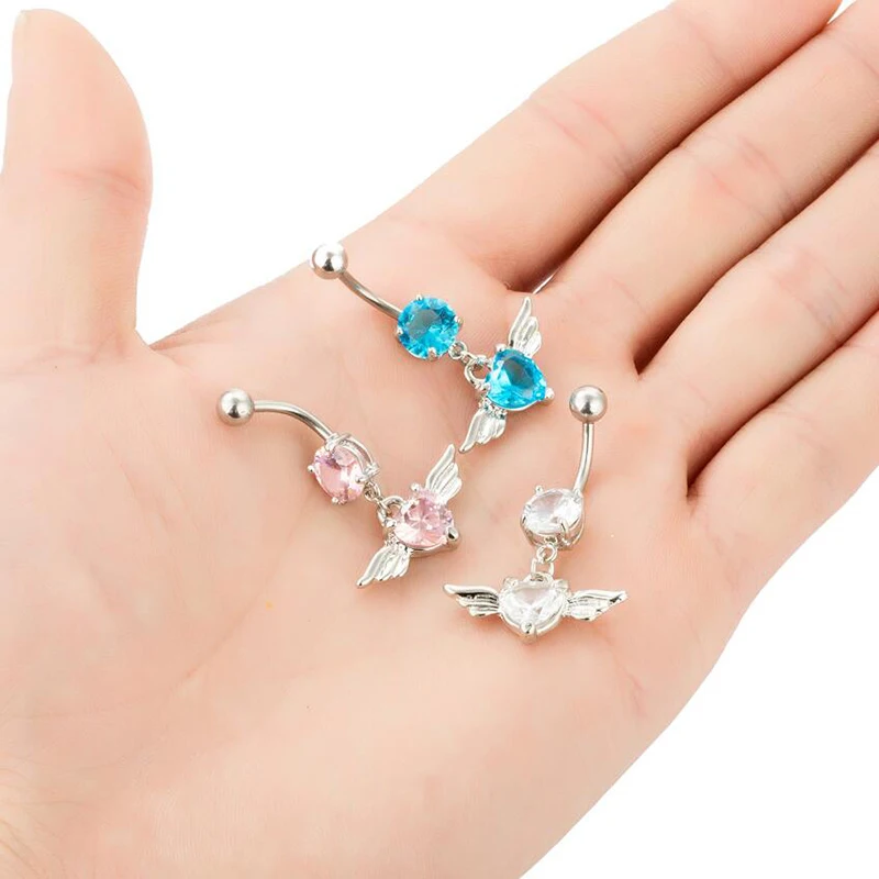 14G Heart Wing Crystal Navel Belly Button Ring Barbell Body Piercing Jewelry