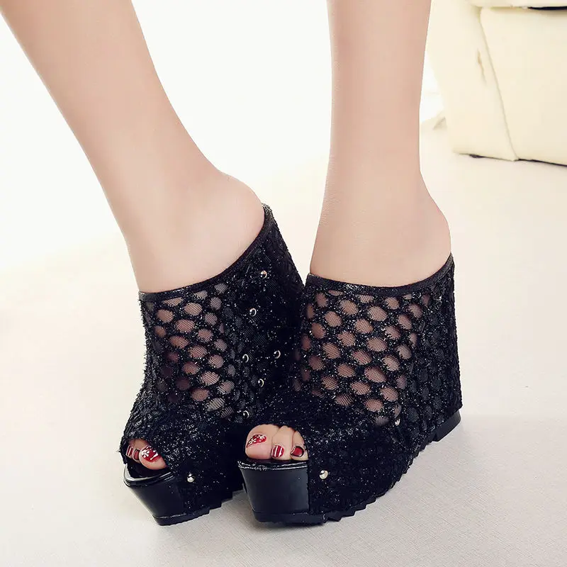 Summer Net yarn High heels 2022 New Women 12CM Wedges Sandals Platform Slippers Lace Increase Peep Toe Shoes Feminina Chaussures