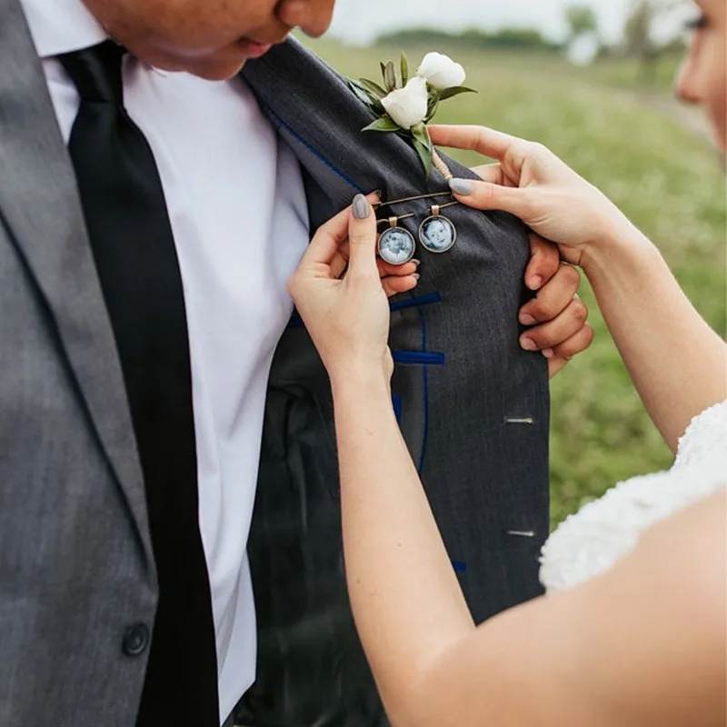 Niestandardowe zdjęcie przypinka z 2 3 4 zdjęcie uroki obraz ślubny Boutonniere personalizuj bukiet ślubny urok Groom Memorial Pin