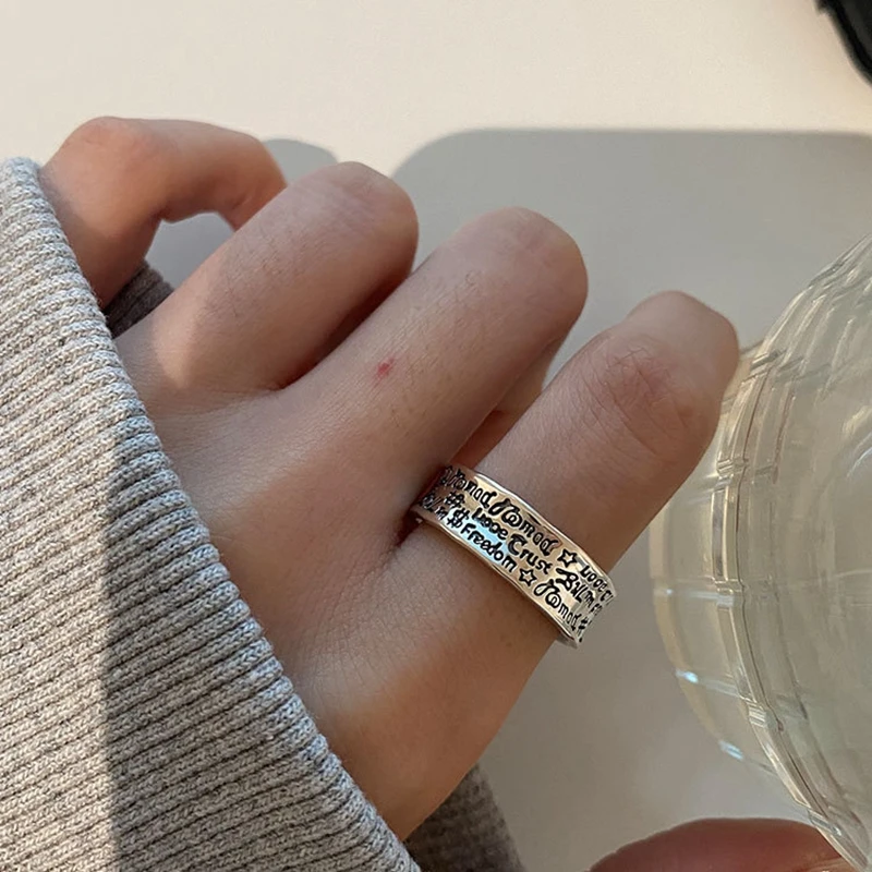 

Silvology Real 925 Sterling Silver Letter Graffiti Rings for Women Vintage Do The Old Industrial Style Korea Rings Punk Jewelry