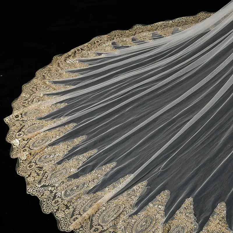 New Arrival Champagne Lace Edge Wedding Veils Cathedral Bridal Veil 2025 3 Meter Velos de novia Bridal headwear