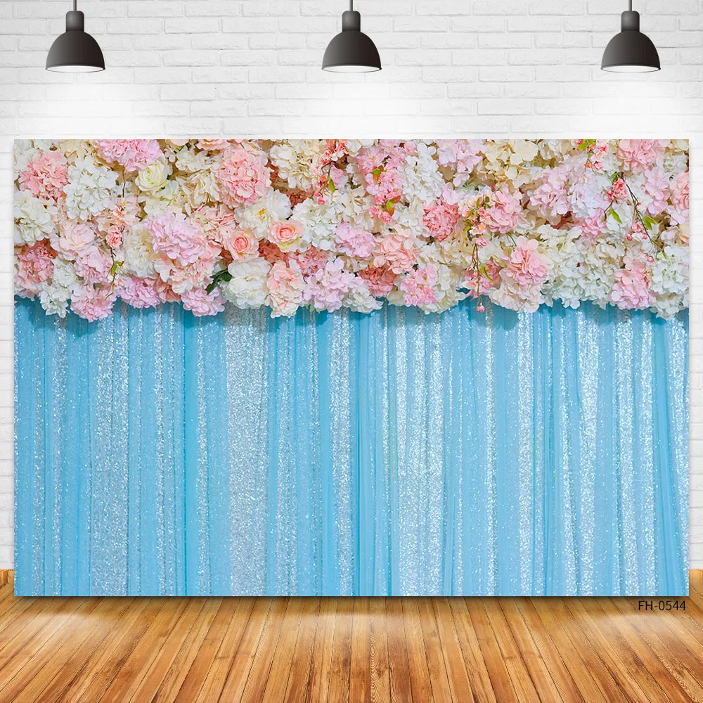 Blue Curtains Photography Backdrops Wedding Birthday Party Pink Flowers Wall Background For Bridal Shower Photo Studio Photocall