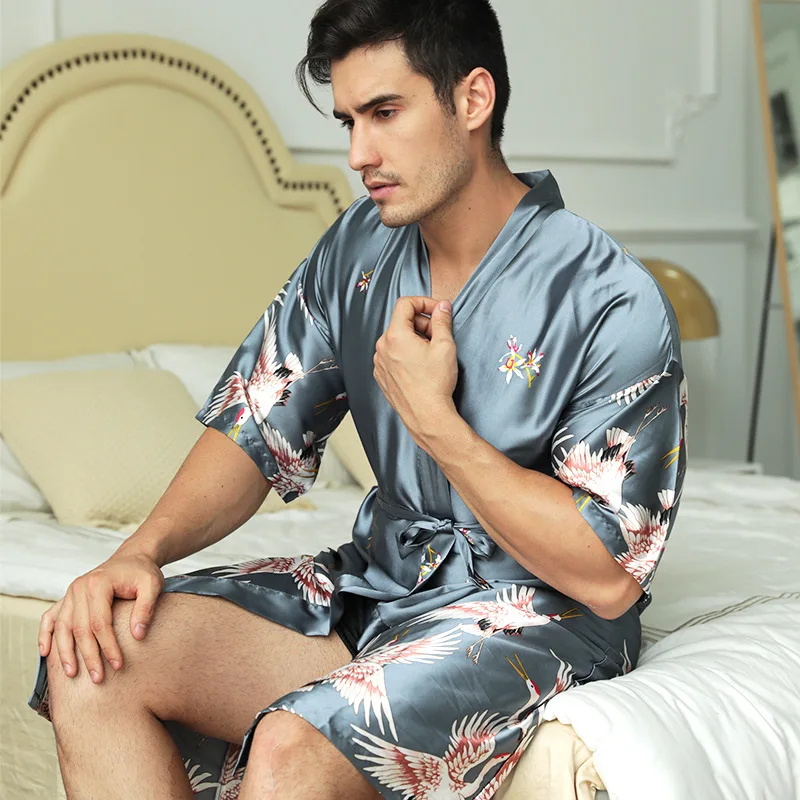 Bata de satén china para hombre, Kimono Sexy para boda, bata de baño con estampado Vintage de grulla, ropa de dormir de talla grande XXXL