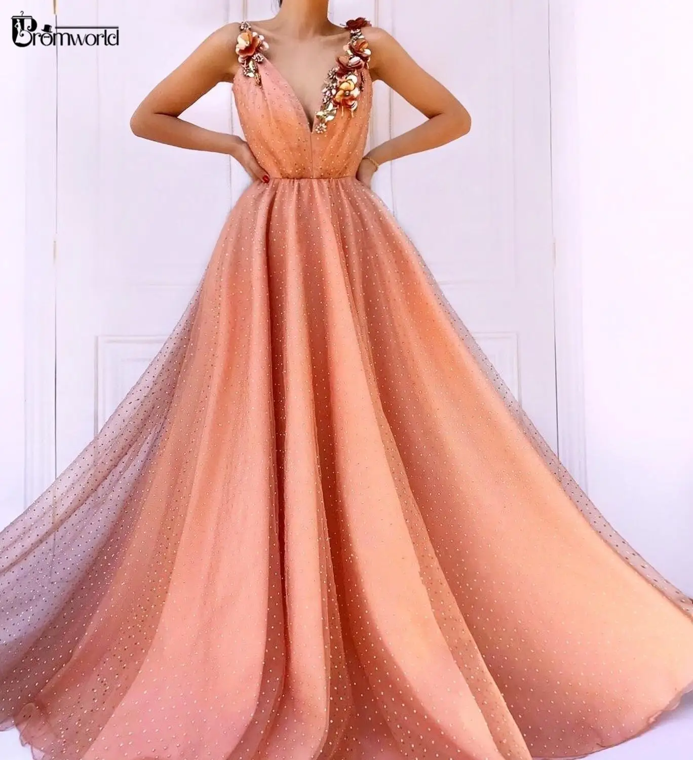 

Abendkleider Orange Flowers Appliques A-Line Evening Dresses Long Sexy V-Neck Straps Sleeveless Tulle Sequin Evening Gown 2024