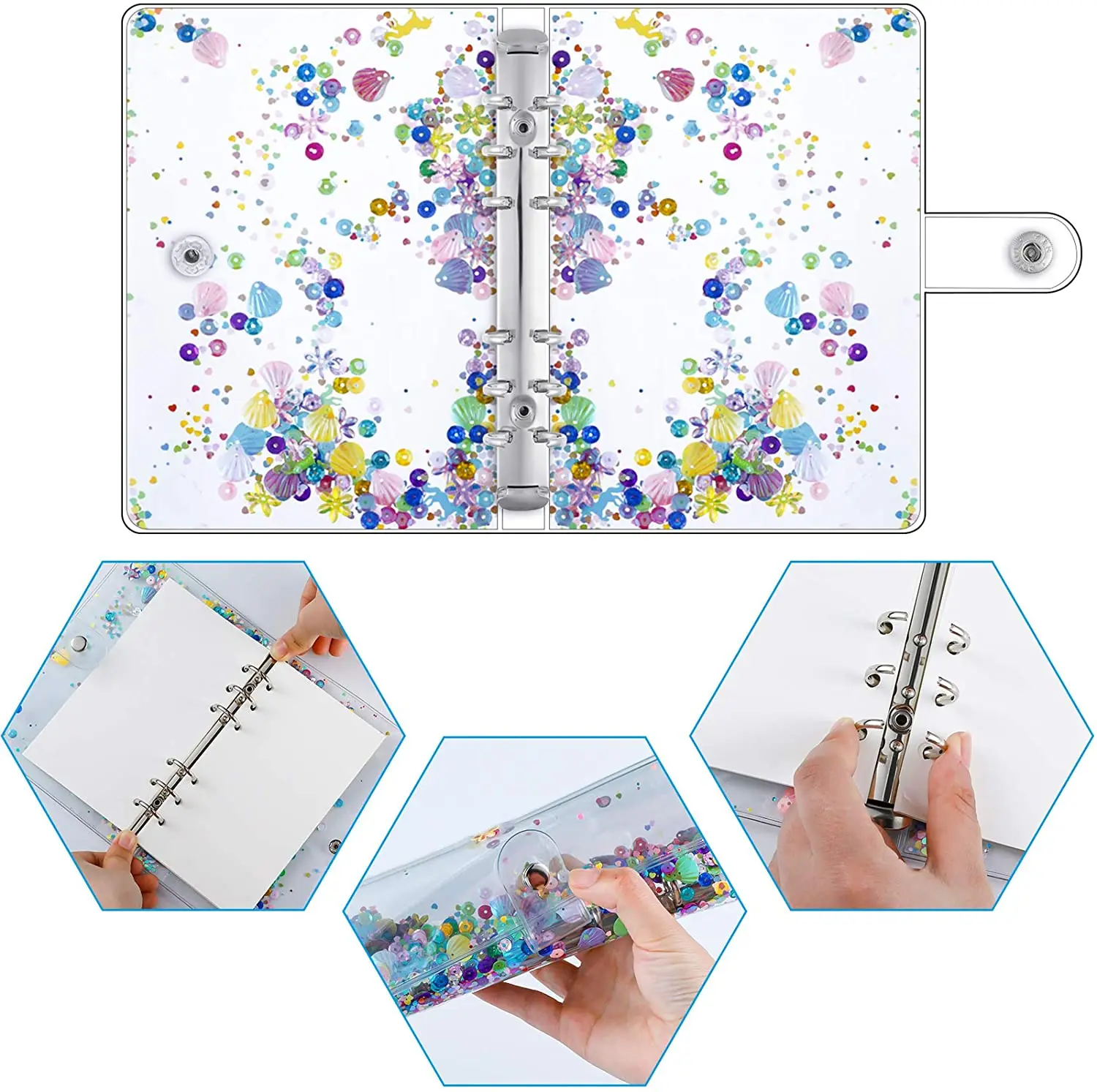 A6 PVC Glitter Binder Cover Clear Quicksand Decor Notebook Shell with Snap Button Closure 6 Ring Loose Leaf Binding