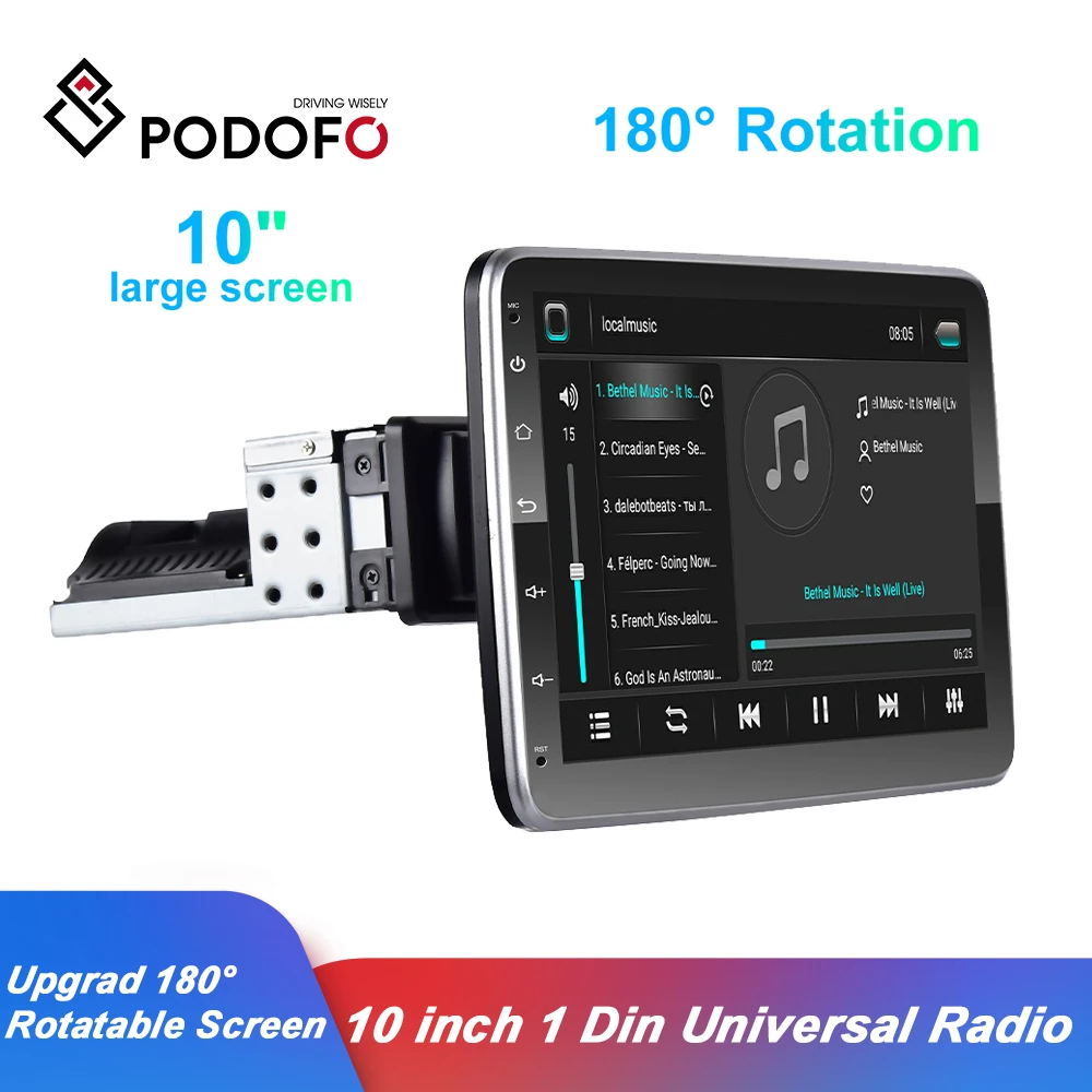 Podofo Android Car Radio 1 Din Stereo Universal Multimedia Player 10 Inch Upgrad 180° Rotatable Horizontal & Vertical UI Screen