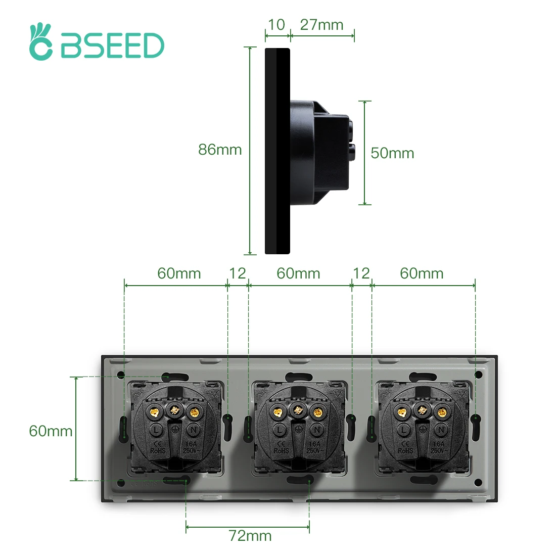 BSEED EU Standard Power Wall Sockets Triple Sockets Crystal Glass Electrical USB EU Sockets Phone Charge Type-c Power Sockets