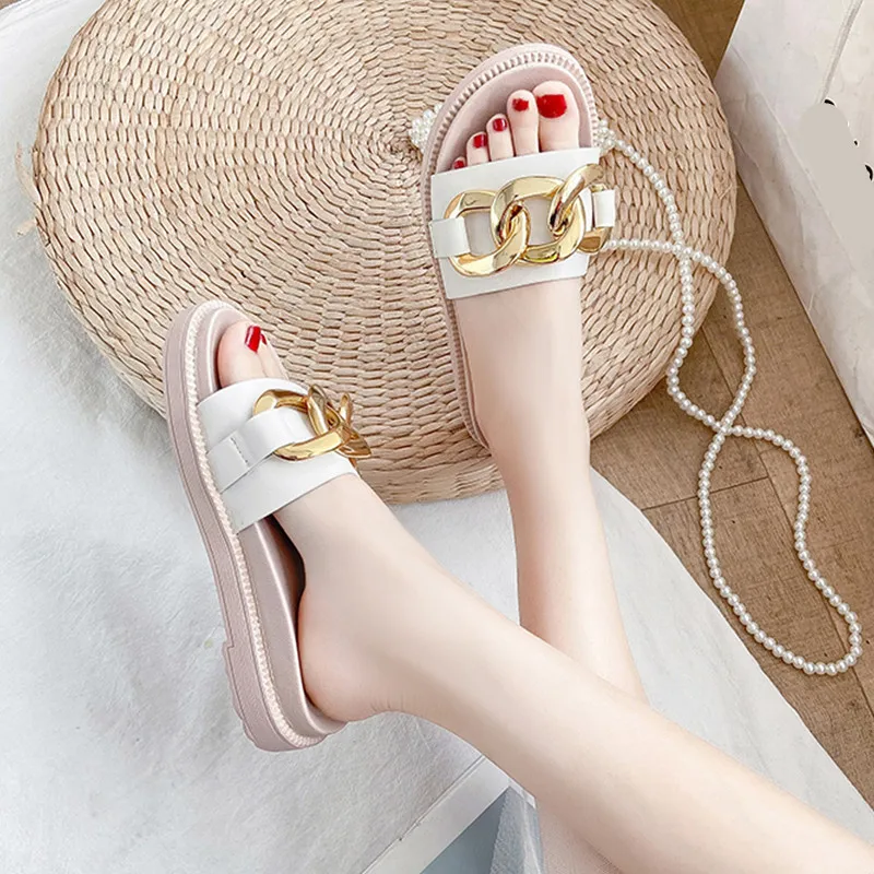 Slippers Casual Rivet Rubber Flip Flops Female Shoes Slides Low Luxury Hawaiian Soft 2021 Flat PU Fashion Basic Metal Decoration