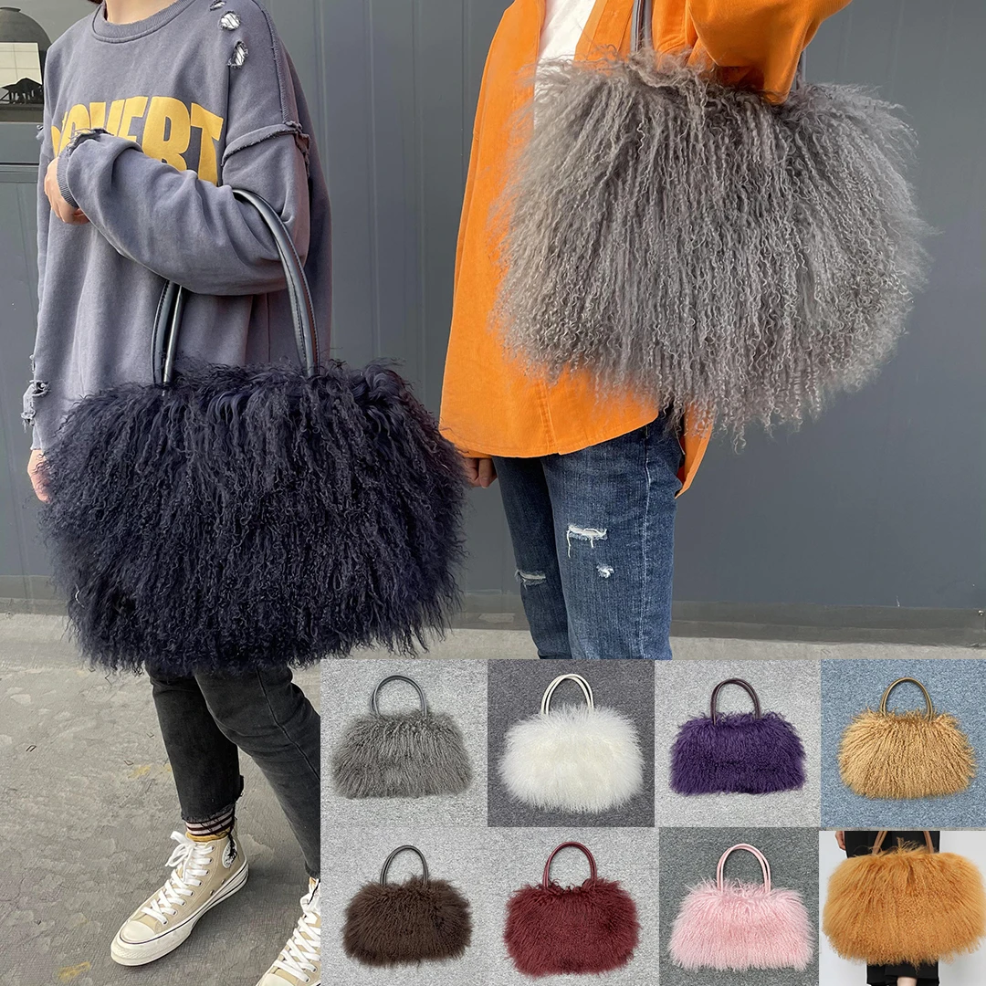 Women\'s Long Handle Shoulder Bag, Elegant, Real Mogolian Fur, Autumn, Winter, Spring