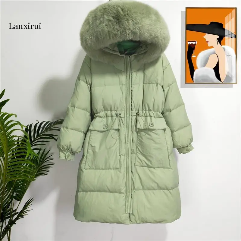 Fur Winter Down Jacket Women Hood Coat Fur Collar Green/pink/black Casual Long Slim Warm Women Parkas snow