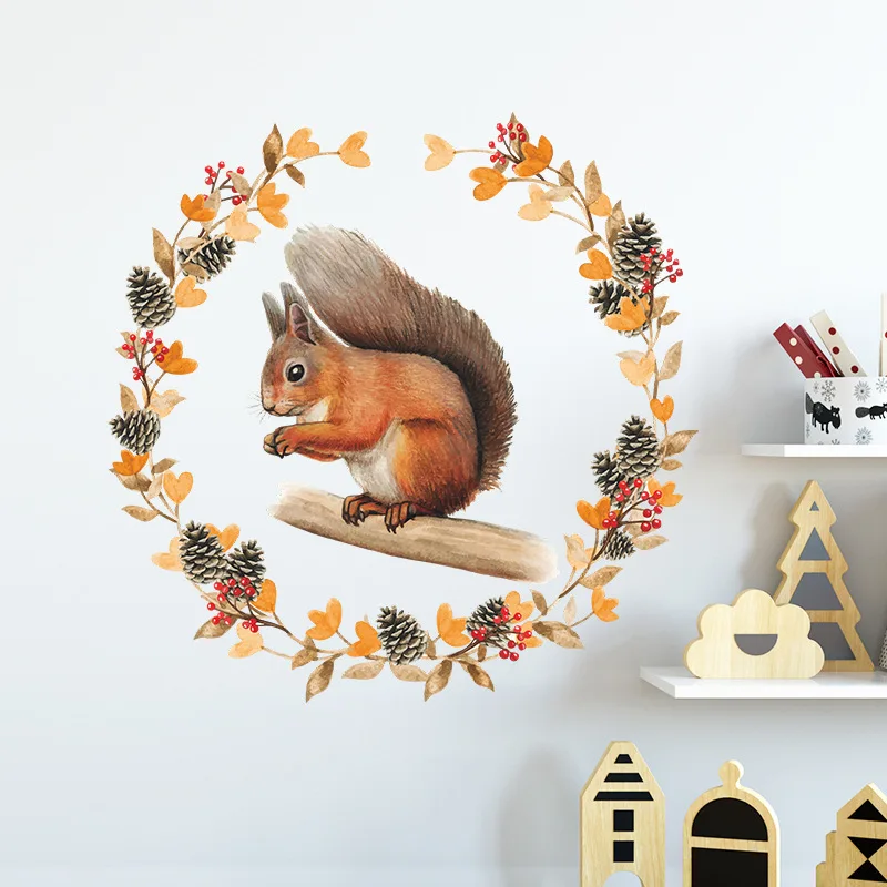 Squirrel Pine Cone Wall Sticker Cartoon Kids Room Decoration Self-adhesive Wallpaper Living Room Bedroom Decor Removable Paster