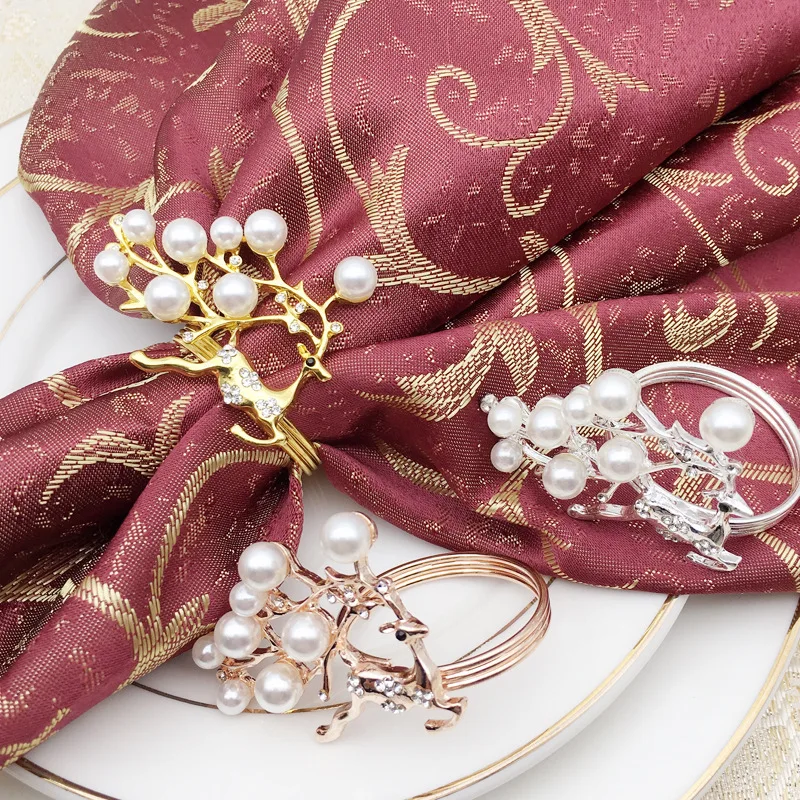 

12pcs/lot Christmas fawn napkin ring metal napkin buckle cloth ring gold and silver pearl napkin ring wedding table decoration