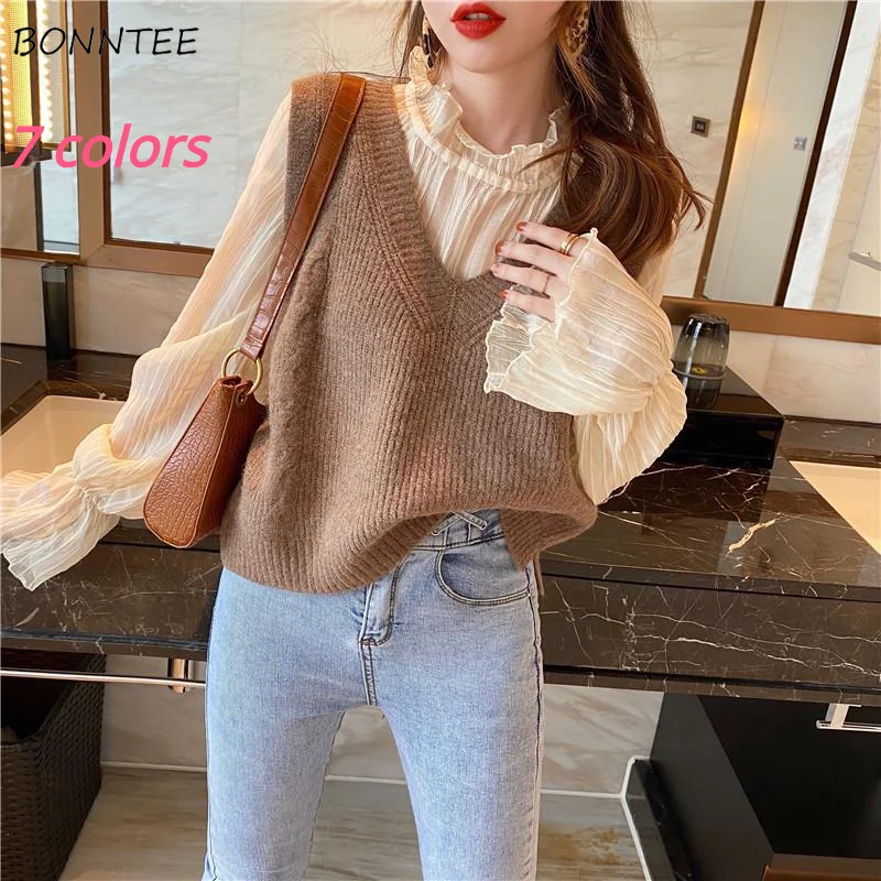 7 Colors Solid Sweater Vest Women Korean Style V-neck All-match Chic Trendy Basic Simple Ulzzang Knitting Slim College Spring