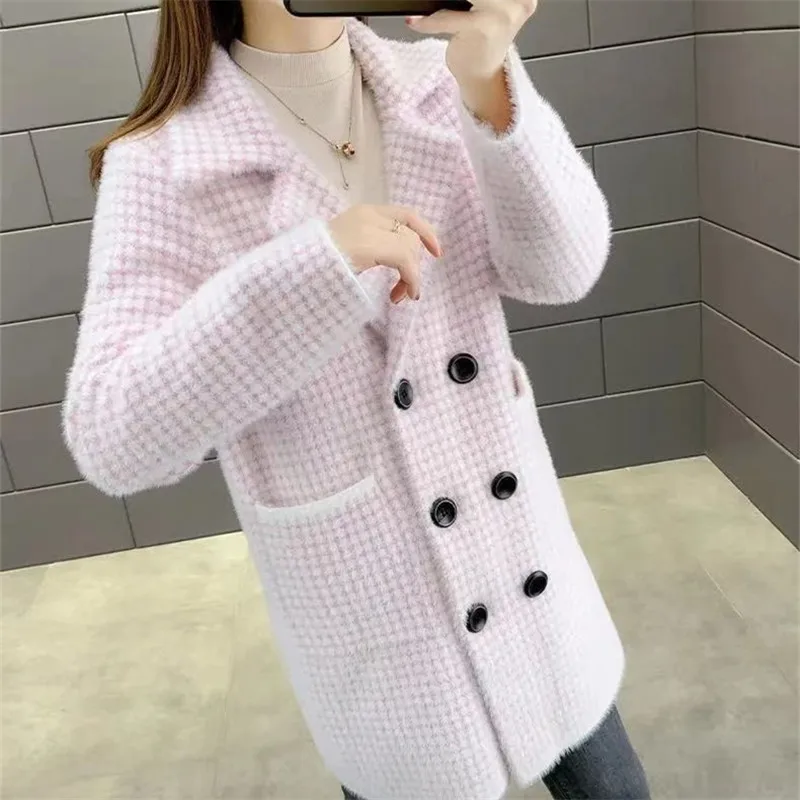 

Faux Mink Cashmere Woolen Coat Women Mid Long Cardigan Outerwear Korean Winter Thick Loose Houndstooth Woolen Jacket Coat Female