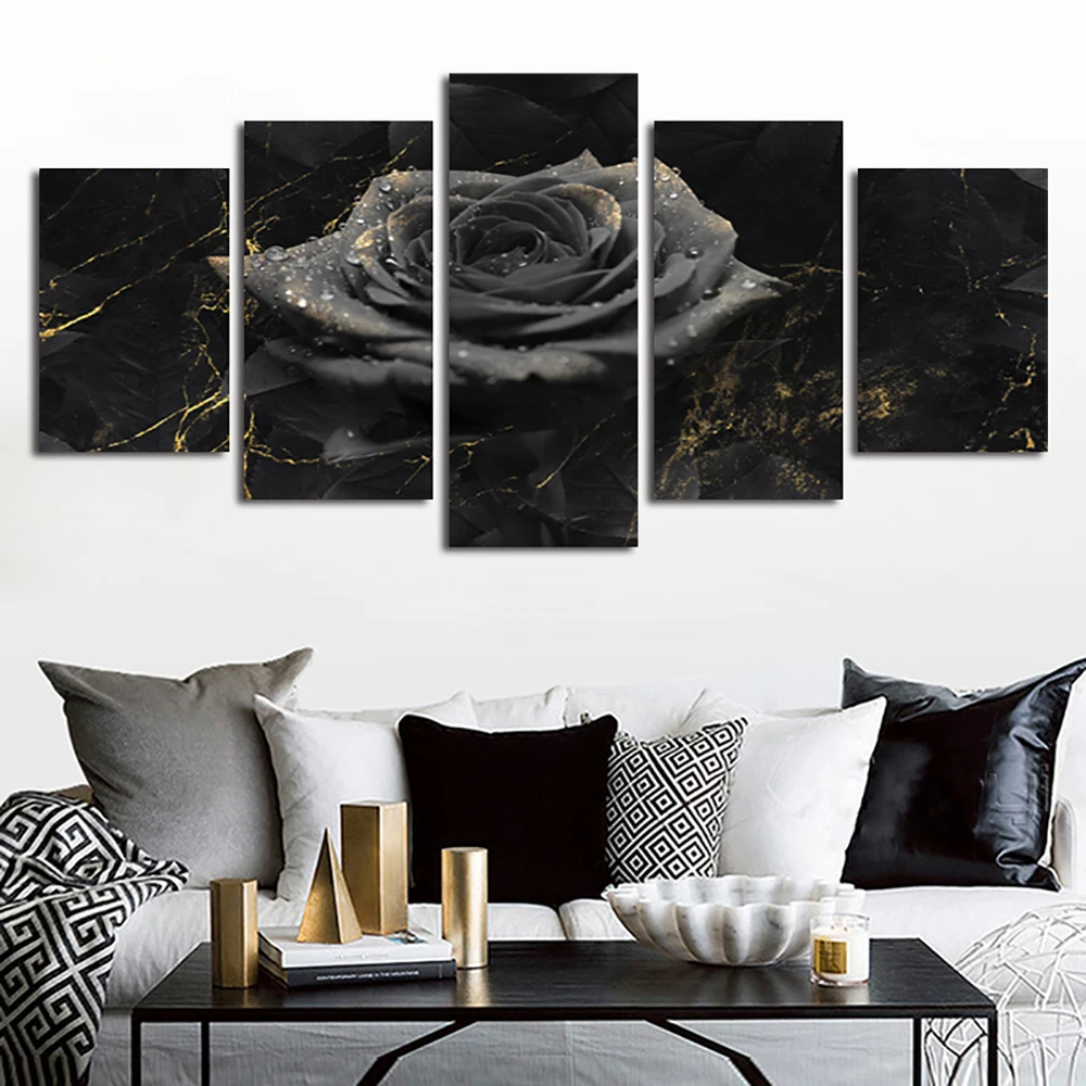 5 Pieces Wall Art Canvas Painting Black Rose Flower Modern Home Living Room Bedroom Modular Pictures Framework Decorative