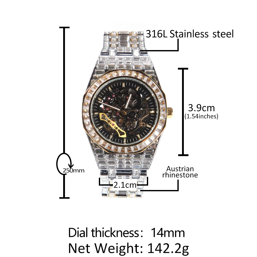 Uwin Fully Mechanical Watch Stainless Steel Waterproof Full Iced Out Minimalist Diamond Classic Designer Watches For Male