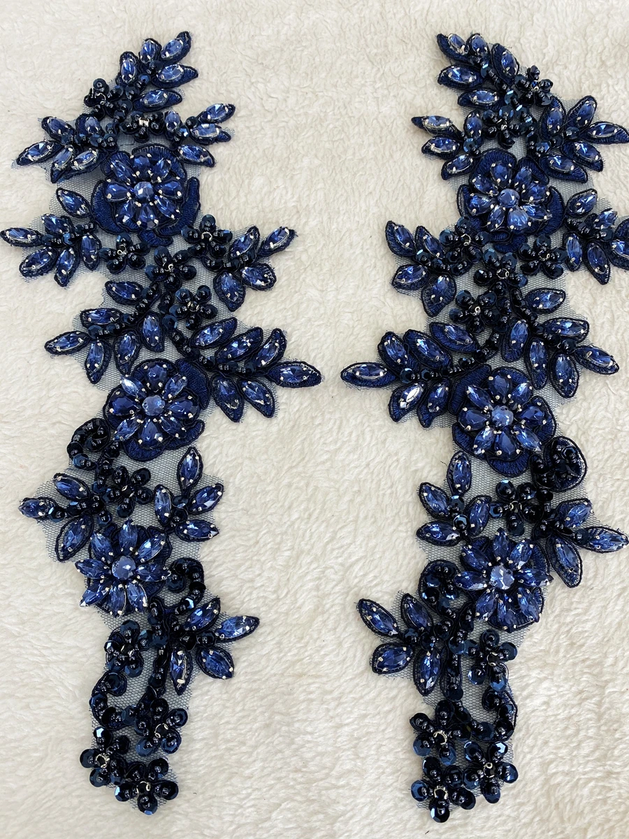 Handmade rhinestones lace trim patches sew on beads sequins deepblue/red/deepgreen/white applique one pair/bag