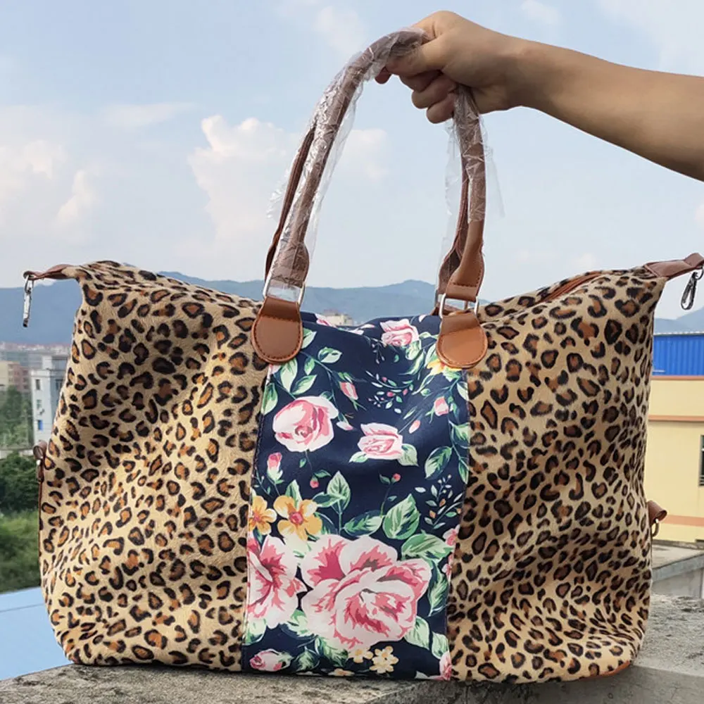 Imagem -05 - Bolsa de Viagem com Estampa de Leopardo Bolsa de Viagem com Estampa de Leopardo Preta e Branca Camuflagem de Flor do Cão e Zíper Portátil e de Grande Capacidade para o Fim de Semana