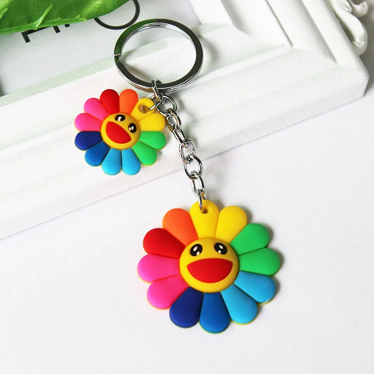 Silicone Rainbow Sun Flower Keychain Female Cute Girls Cartoon Smiling Flower Key Chain On Bag Trinket Women Wedding Party Gift