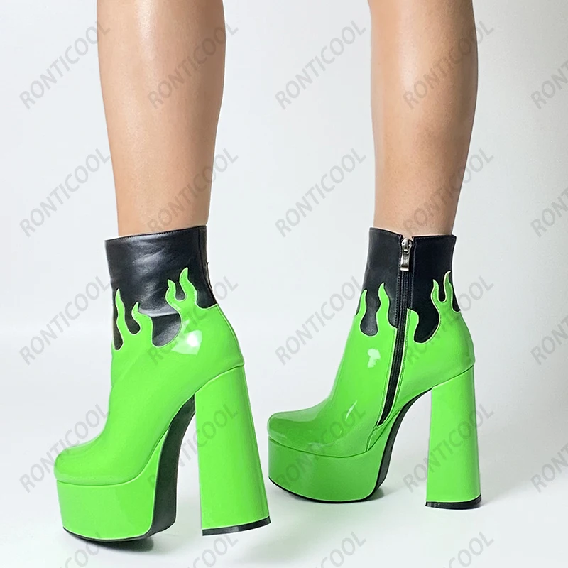 Ronticool 2021 New Women Winter Platform Ankle Boots Side Zipper Block Heels Round Toe Boutique Green Dress Shoes US Size 5-15