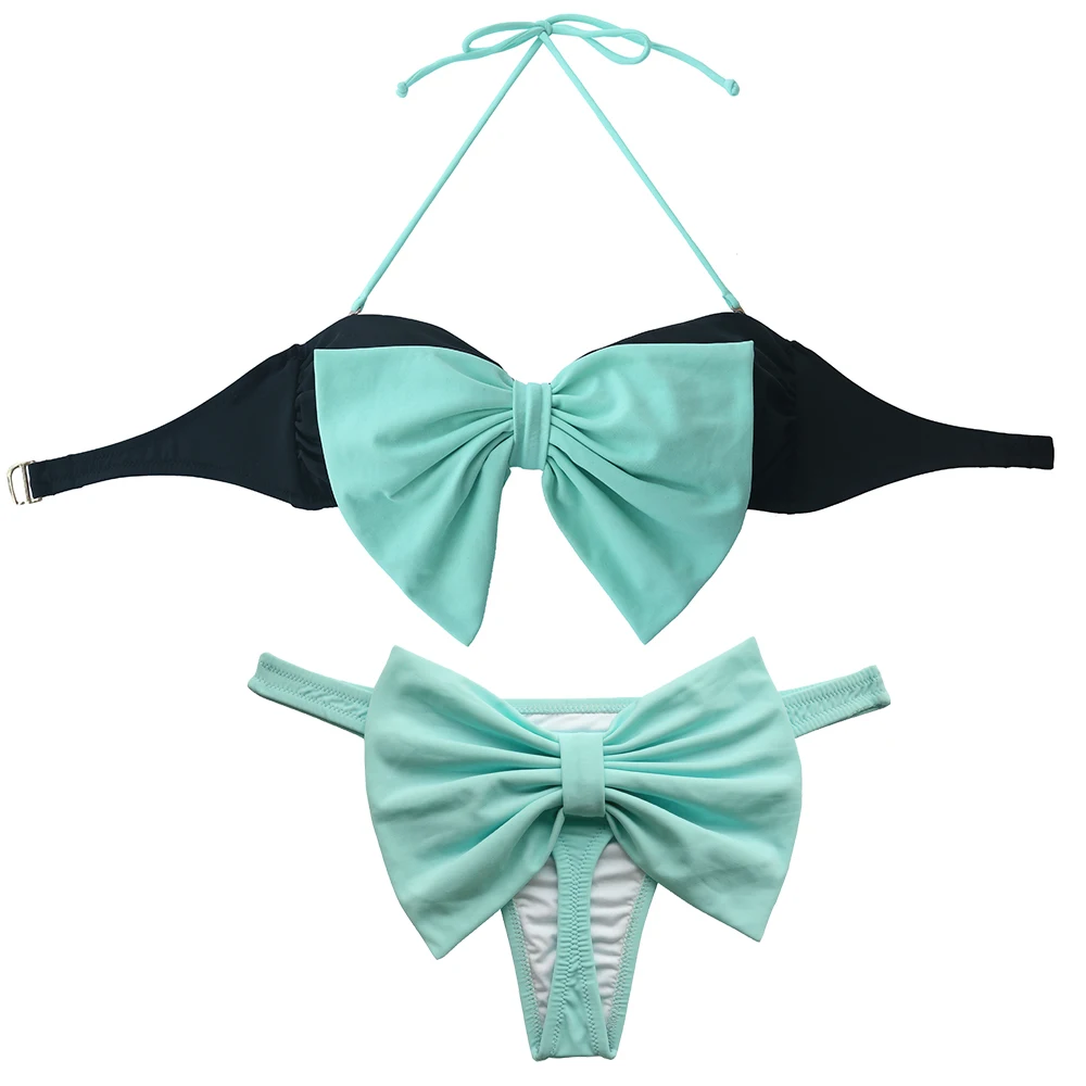 Women's Bandeau Black Bikini Set Swimwear Swimsuit  Biquinis Brasileiro Bathing Suit Micro Light Blue Of Bow Cheeky Brazilian