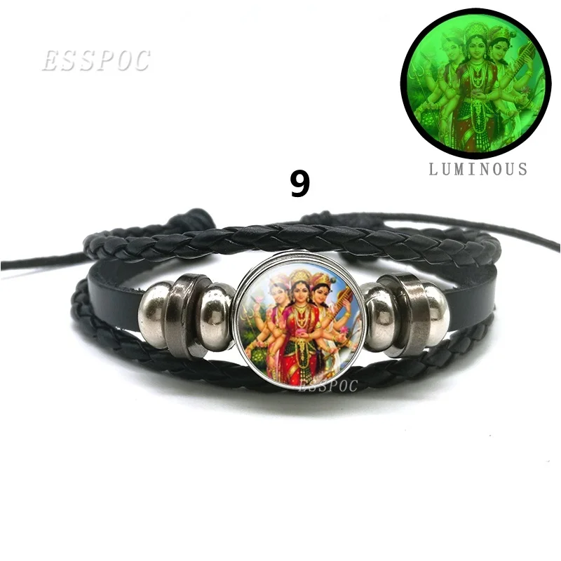 Krishna and Radha Amulet Luminous Bracelet Glass Dome Bangle Lucky Jewelry Multi-Layer Weave Rope Leather Bracelet Yoga Jewelry