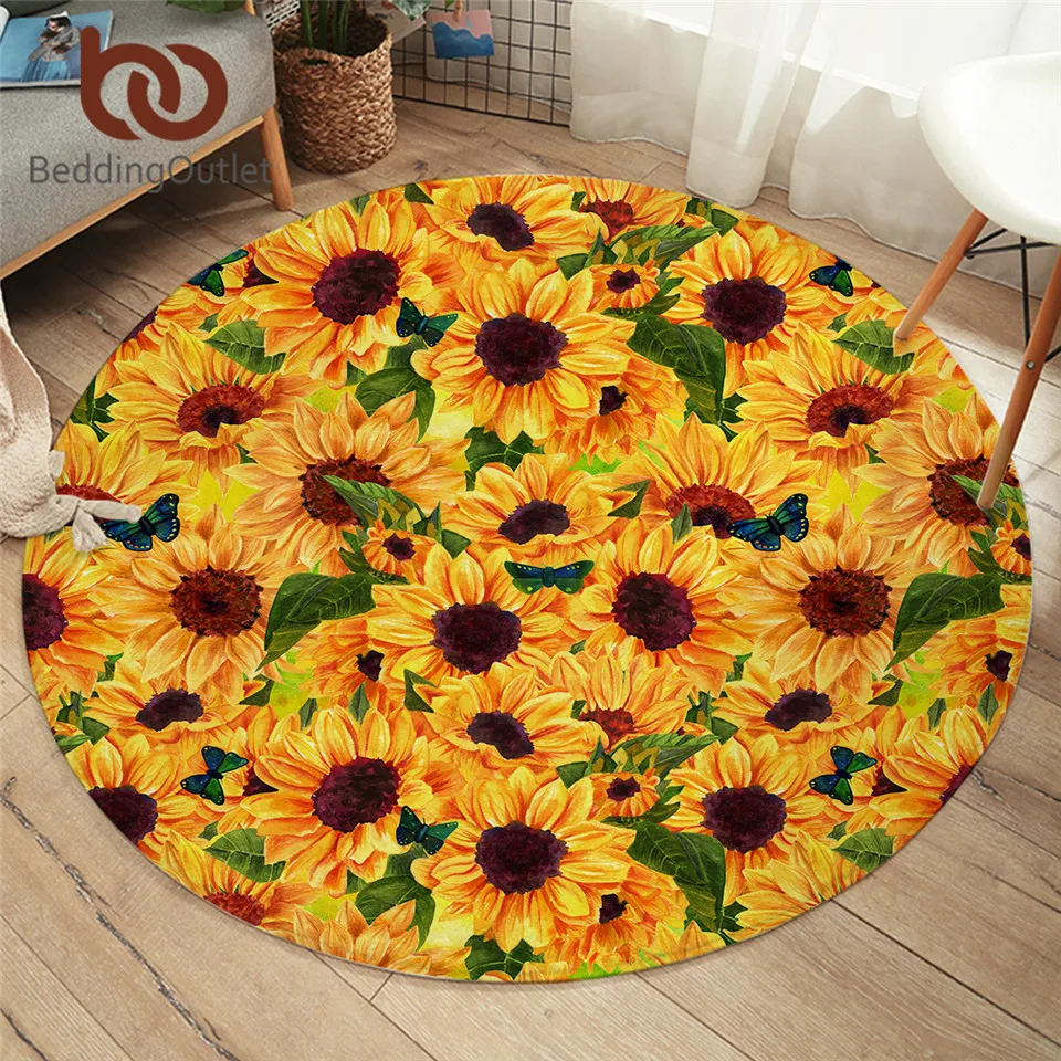 BeddingOutlet Sunflower Bedroom Floor Mat Butterfly Round Carpet Golden Plant Area Rug Watercolor Living Room Alfombra 100cm