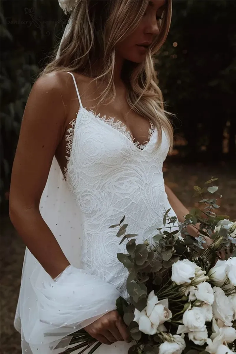 Maßgeschneiderte Boho Meerjungfrau Brautkleider Spaghetti-Trägern Spitze rückenfrei Strand Sexy V-Ausschnitt böhmische Brautkleider Vestidos De Noiva