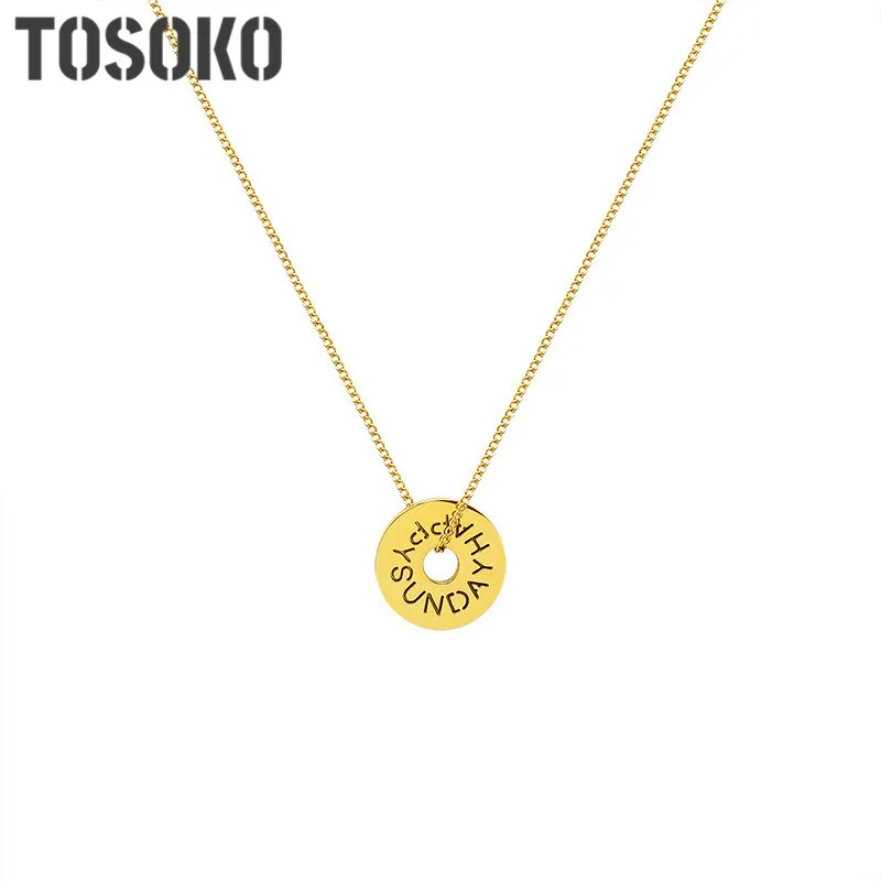 TOSOKO Stainless Steel Jewelry Ins Geometric Round Brand Pendant Necklace Female Clavicle Chain BSP950